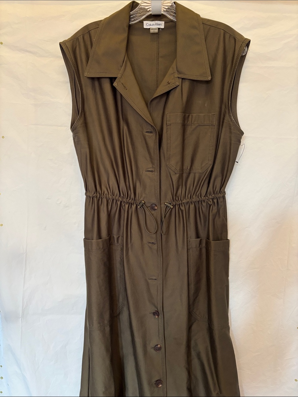 Calvin Klein Olive Sleeveless Drawstring Shirt Dress with Patch Pockets